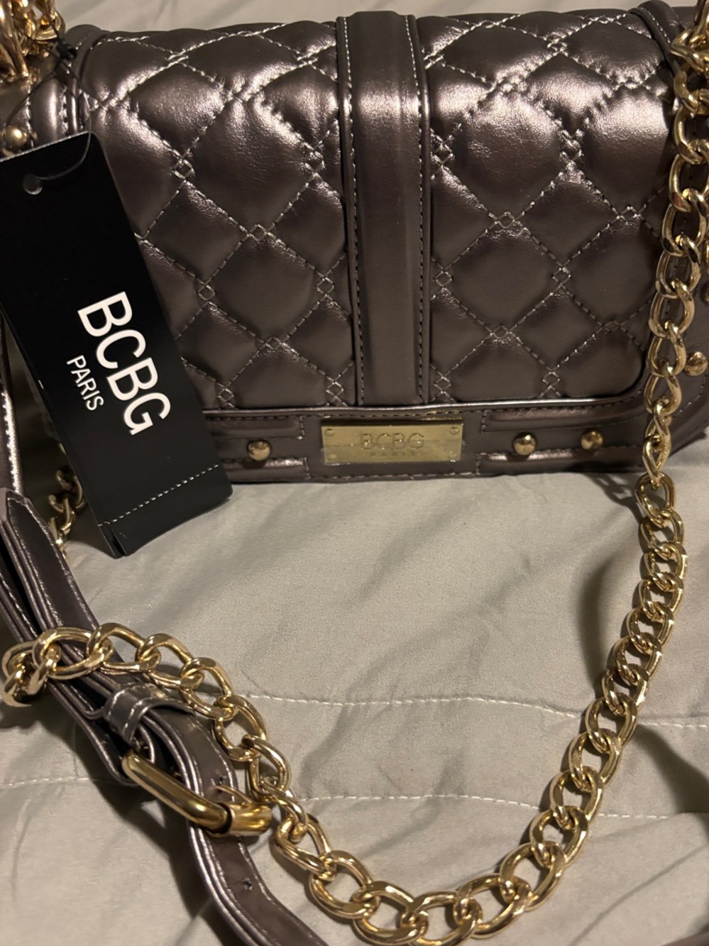 BCBG Metallic Gray Quilted Crossbody with Gold Chain